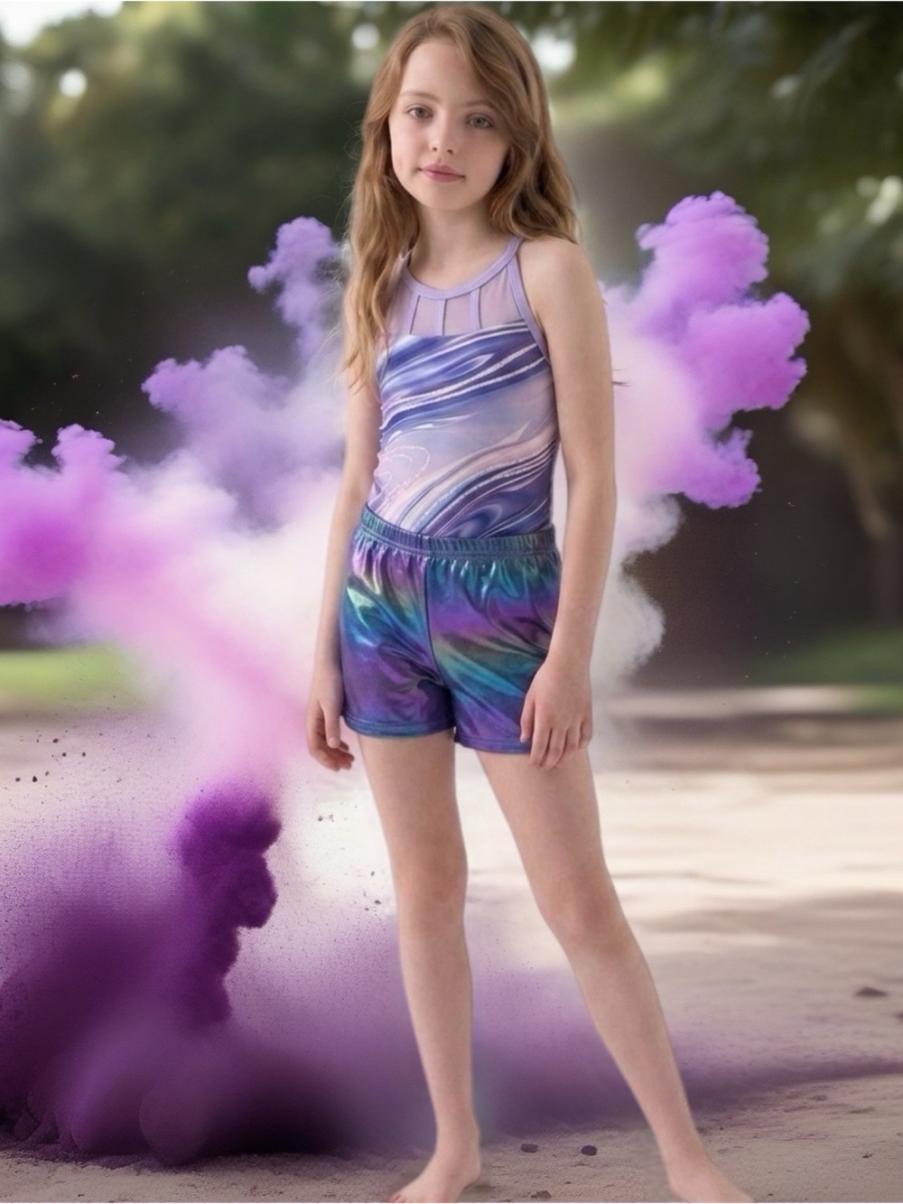 Amazon Girls' Purple Marble Dance Tank Top and Shorts Set